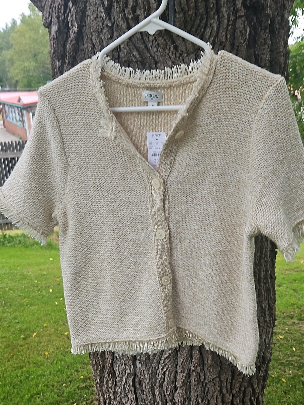 NWT! MSRP $118, J. Crew Cream Short-Sleeve Fringe Button Cardigan. Size Small